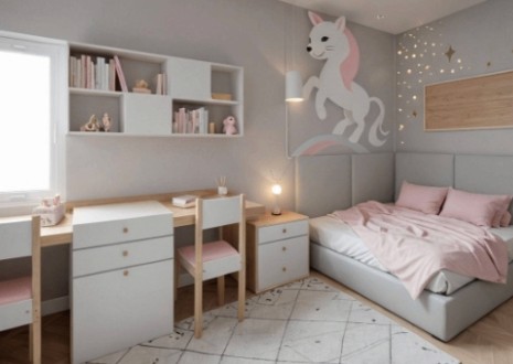 Warm blush-toned bedroom interior