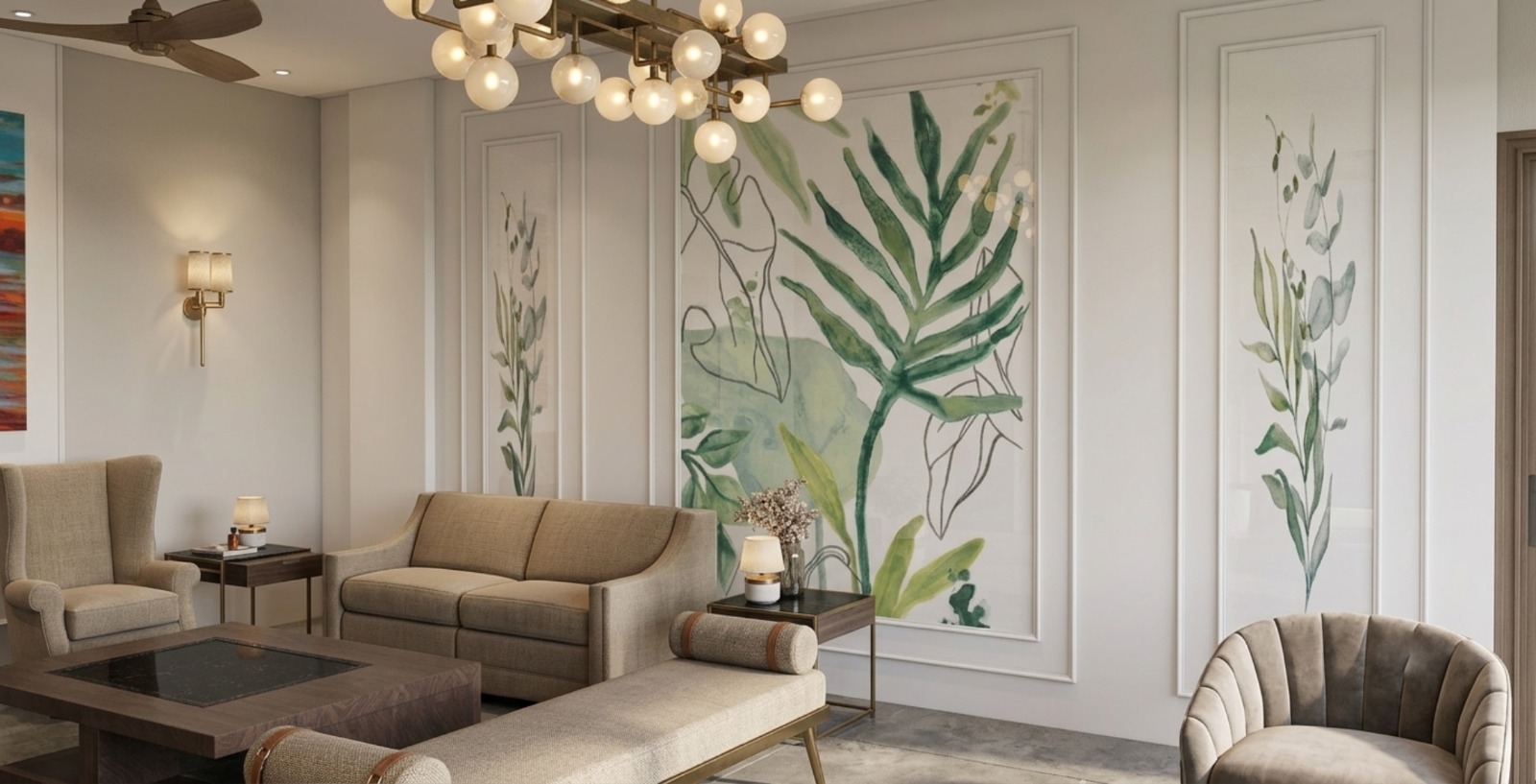 Contemporary living room with botanical watercolor wall