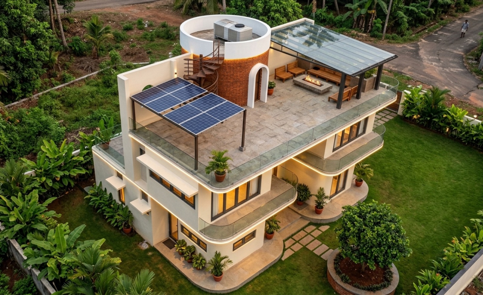 Modern Kerala farmhouse with rooftop pavilion