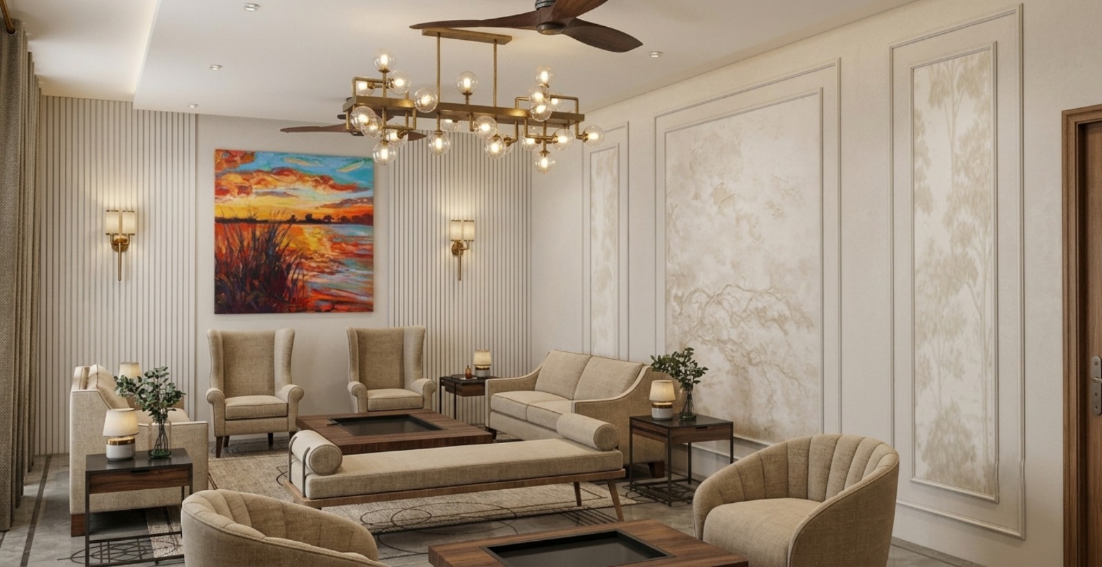 Elegant living room with brass chandelier and sunset artwork